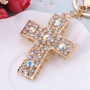Elegant Gold Cross Keychain With Crystals